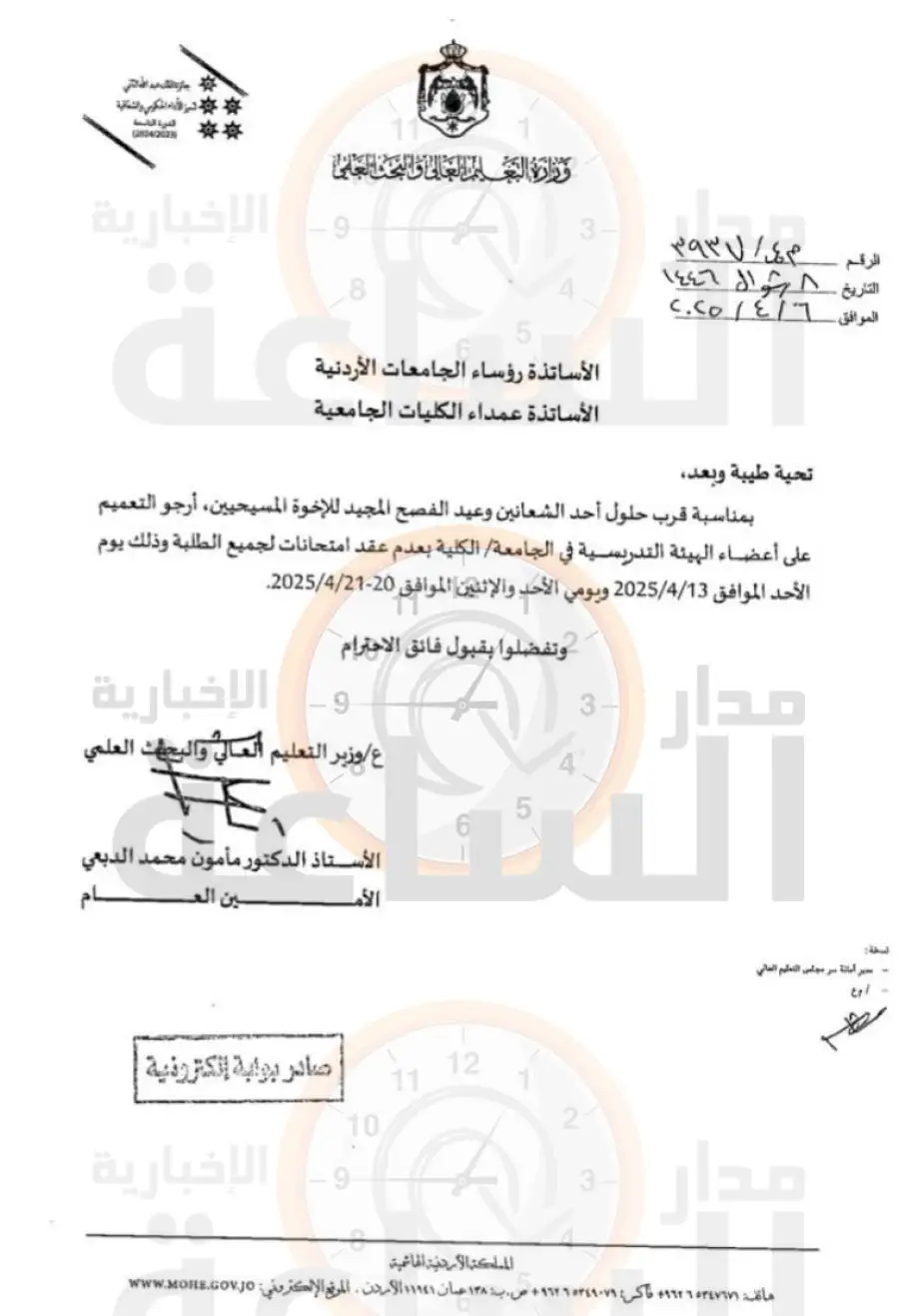 مدار الساعة,أخبار الأردن,اخبار الاردن,أخبار الجامعات الأردنية,وزارة التعليم العالي والبحث العلمي,وزارة التعليم العالي,أحد الشعانين,عيد الفصح
