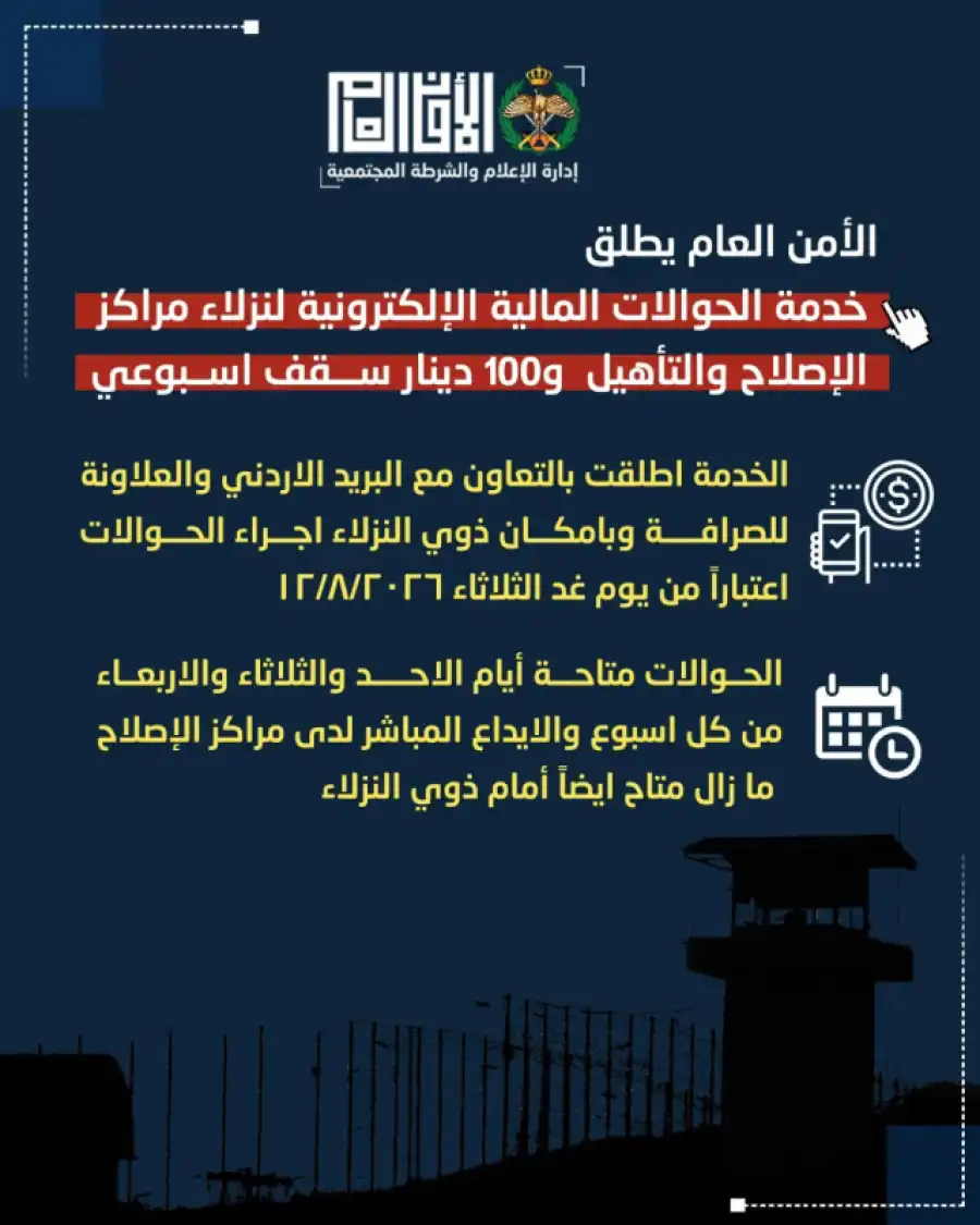مدار الساعة,أخبار الأردن,اخبار الاردن,مديرية الأمن العام,الأمن العام,البريد الأردني,العلاونة للصرافة