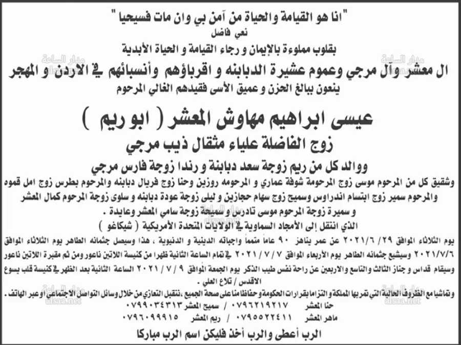 مدار الساعة,وفيات اليوم في الأردن