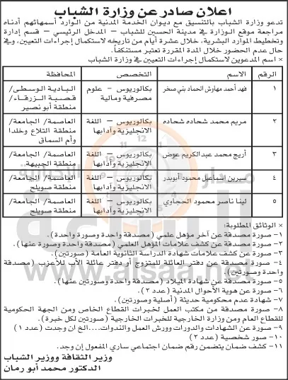 مدار الساعة,أخبار الأردن,اخبار الاردن,وزارة الشباب